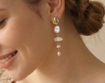 Geometric Freshwater Pearl Drop Earrings, Gold Long Dangles, Boho Bridal Jewelry