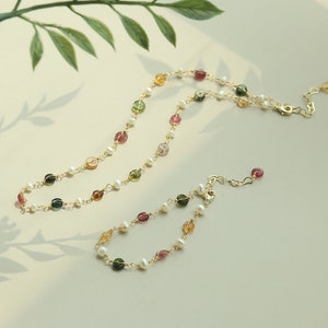 Dainty Colorful Handmade Beaded Necklace Gold, Freshwater Pearl Choker, Boho Gemstone Jewelry Set for Women，Elegant Bracelet Mother Day Gift