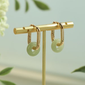 Dainty Green Jade Gold Huggie Earrings, Custom Sterling Silver Natural Donut Jade dangle Jewelry, Matching Lucky Eardrop Studs For Birthday