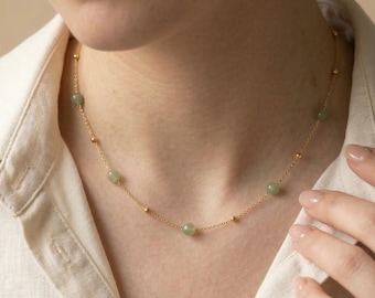 Dainty Green Jade Beaded Choker Necklace: 14K Gold Filled, Energy Layering Jewelry