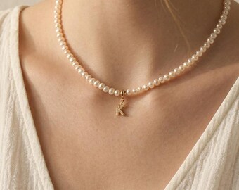 Personalized Freshwater Pearl Letter Necklace, Gold Custom Initial Choker, Delicate Name Jewelry For Her