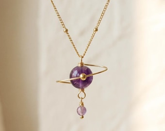 Unique Amethyst Planet Necklace, February Birthstone Healing Crystal, Purple Bridesmaid Gift