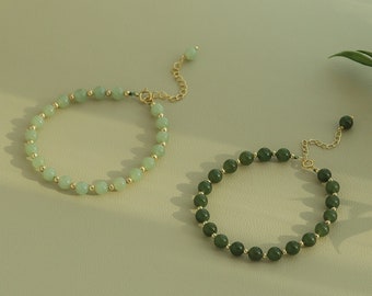 Dainty Green Jade Beaded 18K Gold bracelet, Silver Natural Balled Jade bangle Jewelry Set,Adjustable Matching Lucky Stone Chain For Birthday