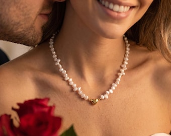 Genuine Freshwater Pearl Choker Necklace, Gold Magnetic Heart Locket, Wedding Bridesmaid Jewelry