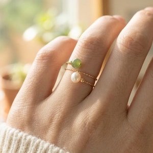 Dainty Jade & Pearl Open Ring: 14K Gold-Filled Adjustable Band，Layer Gemstone Ring Set