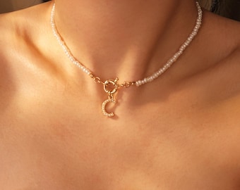Custom Name Pearl beaded necklace，Pearl Charm Necklace，boho Initial Pendant Choker，Wedding Layering Lariat Jewelry，personalized Gift For Her