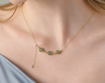 Unique Green Jade 3 Beaded Choker, Design Laying 18K Gold Family Necklace, Natural Mini Jade Pendant Chain, Luck Adjusted Jewelry Set Mother