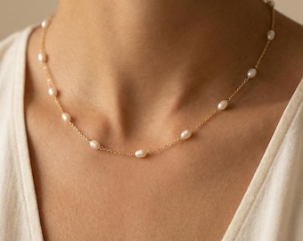 Tiny Oval Freshwater Pearl Necklace, Dainty Pearl Choker, Bridal Wedding Jewelry, Valentine's Gift