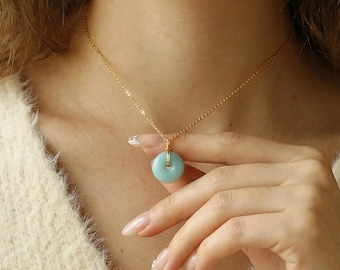 Natural Amazonite Donut Necklace: Sterling Silver Adjustable 0-20 inch, Layering Birthstone Pendant
