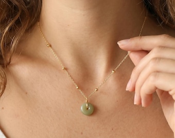 Lucky Green Jade Donut Necklace, Sterling Silver Adjustable Gold Bead Chain, Minimalist Jewelry