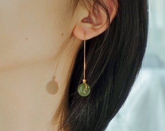 Dainty Gold Green Jade Pendant Earrings, Circle Jade Drop Earring, Long Good Luck EarWire Studs Chain, Adjusted Minimalist Donuts Dangle
