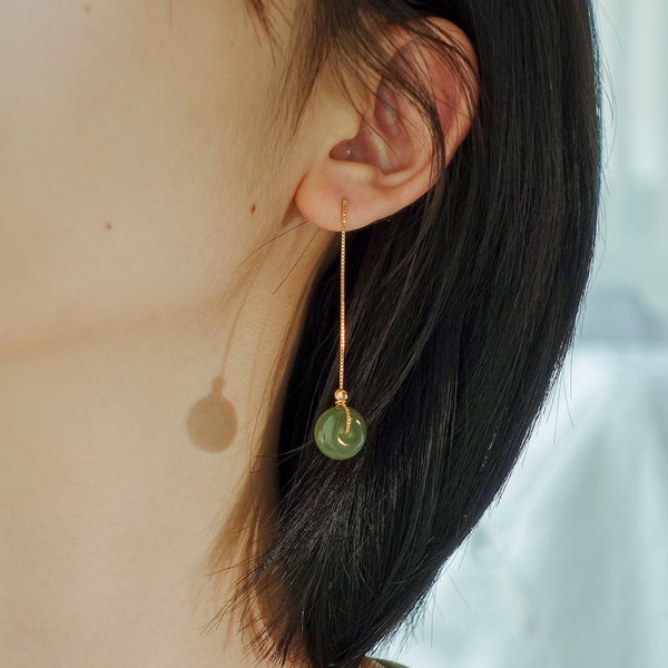 Dainty Gold Green Jade Pendant Earrings, Circle Jade Drop Earring, Long Good Luck EarWire Studs Chain, Adjusted Minimalist Donuts Dangle