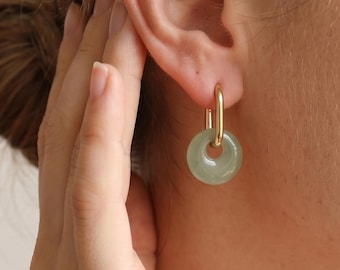 Gold Jade Hoop Earrings, Natural Asymmetric Green Gemstone Huggie Earrings