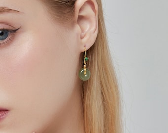 Dainty Green Jade Gold earrings, Sterling Silver Natural Donut Jade dangles Jewelry, Matching Zircon Lucky Stone Eardrop Hoops For Birthday