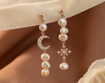 Asymmetric Star Moon Pearl Earrings, Gold Long Dangles, Celestial Bridesmaid Jewelry