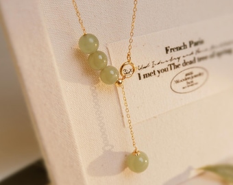 Sage Green Jade Y Necklace: Adjustable Natural Gemstone Choker, 14K Gold Filled Lariat, Lucky Healing Stone Gift For Her