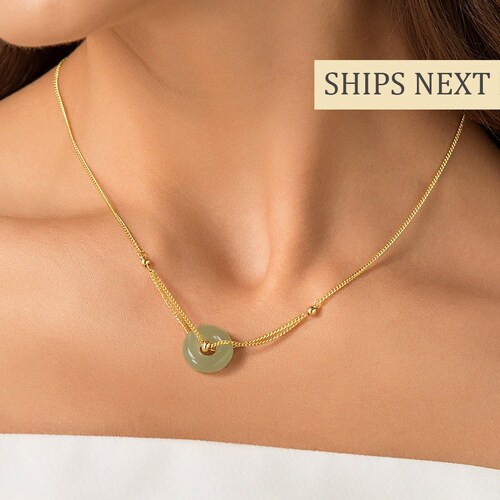 Dainty Jade Beaded Pendant Necklace 14K Gold Green Jade Etsy