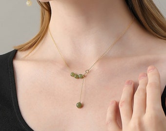 Collana con ciondolo di perline unica, collana con ciondolo in giada d'oro 18K per le donne, ciondolo di giada naturale, girocollo di giada semplice, regali di anniversario per lei