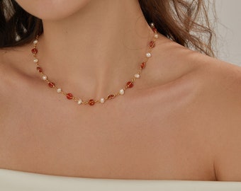 Dainty Jade Beaded Pendant Necklace, 14K Gold Natural Red Jade Freshwater Pearl Choker, Laying Necklaces Chain Anniversary for Mom Lover