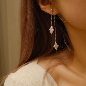 Unique Natural Freshwater Pearl Earrings,Sterling Silver Baroque four-pointed Star Earring ,Minimalist Long Dangle EarDrop, Gift For Her