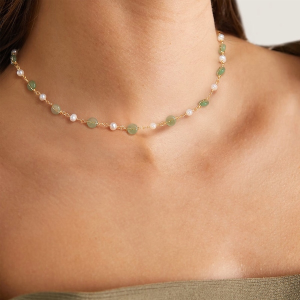 Dainty Jade Beaded Pendant Necklace, 14K Gold Green Jade Freshwater Pearl Choker, Laying Necklaces Chain Anniversary Gifts for Mom Lover