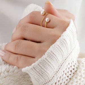 Natural Freshwater Pearl Ring, 14K Gold Filled Double Layer Open Ring, Minimalist Pearl Adjustable Ring, Special Gifts