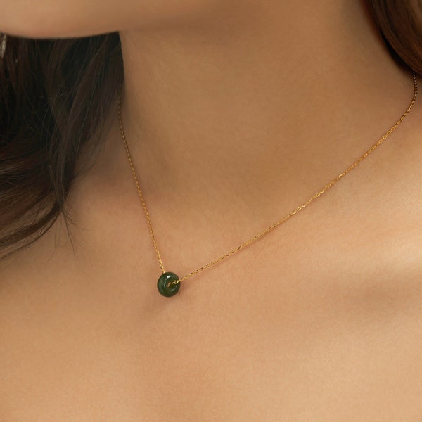 Natural Hetian Jade Donuts Pendant Necklace Choker, Lucky Dark Green Jade Charm, Adjustable Chain Necklaces, Gold Circle Hook Earrings