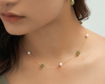 Collana di perline di giada Hetian e perle bianche, gioielli di giada verde naturale, collane girocollo regolabili, regalo di buona fortuna per gli amici, madre