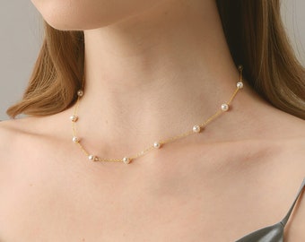 Dainty Starry Pearl Choker，14K GoldFilled Spaced Bead Necklace，Unique Natural Freshwater Pearl Layer Chain Jewelry，18KGold Bracelet Set Gift