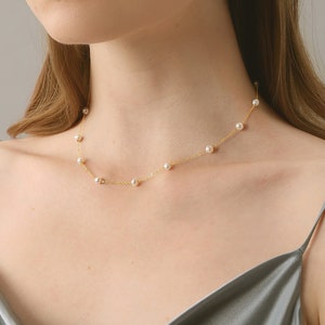 Dainty Starry Pearl Choker，14K GoldFilled Spaced Bead Necklace，Unique Natural Freshwater Pearl Layer Chain Jewelry，18KGold Bracelet Set Gift