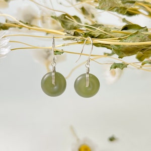 Dainty 18K Gold Natural Green Jade Donuts Earring,Minimal Circle Jade Silver Earring Drop,Good Luck EarHoops by hand, Dangle Anniversary Set