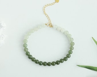 Dainty Green Jade Beaded Gold bracelet, White Natural Balled Jade bangle Jewelry Set, Gradient Adjusted Matching Lucky Stone Chain Birthday