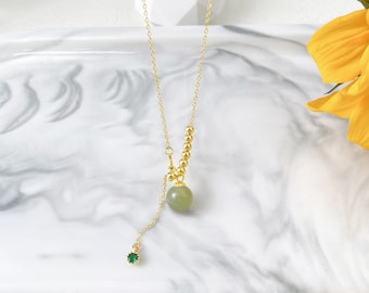 Natural Green Jade Beaded Necklace, Green Jade Zircon & Gold Beads Chain Jewelry, Adjustable Choker Necklaces, Good Luck Gift for Friends