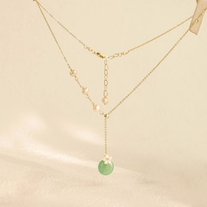 Cherry Blossom 18K Gold Green Jade Donut Pendant Choker, Natural Dainty Flower Pearl Adjusted Y Necklace, March Laying Chain Jewelry Set