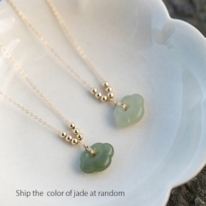 Dainty 14K Gold Natural Green Jade Pendant Necklace, Sliver Peace Cloud Beads Adjusted Good Luck Chain Choker, Laying Charm Jewelry set