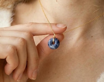 Minimalist Lapis Lazuli Donut Pendant Necklace: Sterling Silver, Adjustable 0-20 inch, September Birthstone Gift