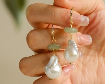 Jade & Baroque Pearl Dangle Earrings,Natural Stone Gemstone Drops, Boho Wedding Bridal Jewelry