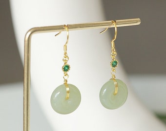 Sierlijke Groene Jade Gouden oorbellen, Sterling Zilver Natuurlijke Donut Jade bungelt Sieraden, Bijpassende Zirkoon Lucky Stone Eardrop Hoops voor verjaardag