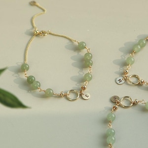 Personalized Jade Initial Bracelet: 14K Gold Filled, Adjustable Stone Bead，Custom Letter Engraved