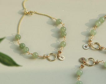 Personalized Jade Initial Bracelet: 14K Gold Filled, Adjustable Stone Bead，Custom Letter Engraved