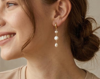 Minimalist Baroque Pearl Drop Hoop Earrings:14K Gold Filled Hoops,Everyday Statement Jewelry
