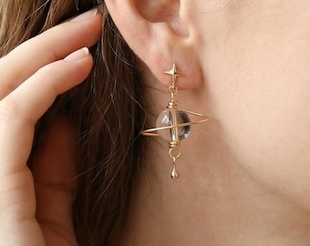 Clear Quartz Planet Dangle Earrings: April Birthstone Aries Taurus Gift, Healing Crystal, Celestial Jewelry