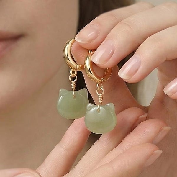 Kitty Cat Hoop Earrings: Natural Jade & Moonstone Dangle，Healing Gemstone Gift for Cat Lovers