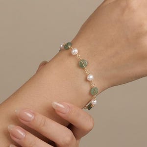Custom Initial Beaded Bracelet: 18K Gold-Plated, Freshwater Pearl & Aventurine ，Gemstones Jewelry Layering Set