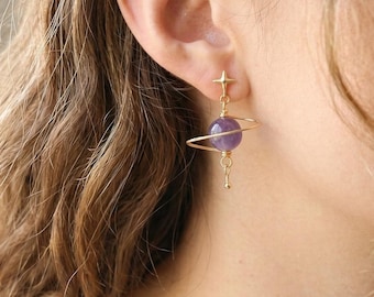 Amethyst Planet Dangle Earrings: February Birthstone Healing Crystal, Celestial Gemstone Jewelry