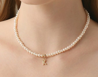 Personalized Gold Initial Pearl Choker Necklace with Ziron Pendant, Letter Charm Beaded Laying Necklace, Custom Pearl Chain Bridemaid Gift