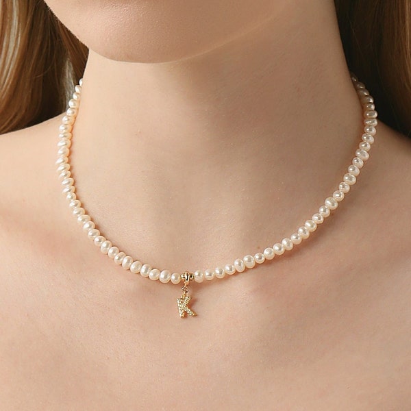 Personalized Gold Initial Pearl Choker Necklace with Ziron Pendant, Letter Charm Beaded Laying Necklace, Custom Pearl Chain Bridemaid Gift