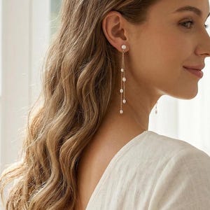 Pendientes largos colgantes convertibles de perlas naturales de agua dulce: chapados en oro de 14 quilates, estilo bohemio para novias.