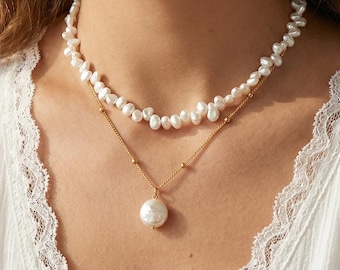 Minimalist Freshwater Pearl Necklace,  Flat Round Drop, Bridesmaid Gift, Everyday Layering Jewelry
