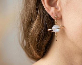Blue Flash Moonstone Planet Earrings, June Birthstone Cancer, Energy Crystal, Mother’s Day Gift